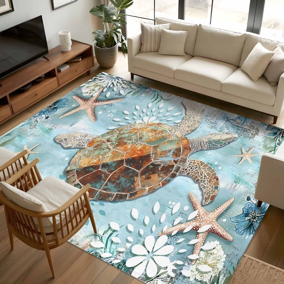 8x10 Area Rugs Sea Turtle Coastal Non-Skid Rubber Backing Large Rectangle Rugs - Living Room Bedroom Home Office, Teal Nautical Starfish Botanical Indoor Floor Mat Carpets Washable Rug