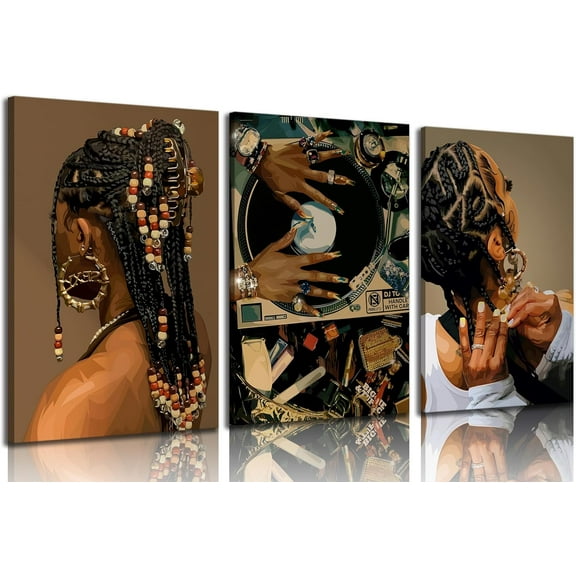 3Pcs Black Woman Canvas Wall art Boho Fashion Black Girl Painting Picture Wall Decor Abstract African American Poster Print Artwork for Living Room Bedroom Office Home Decoration
