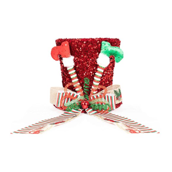 Christmas Tree Topper Hat - Foldable Candy/Elf Leg Top Hat with Bow and Ribbon, Christmas Tree Decoration for Holiday Home Decor Xmas Gift Ideas