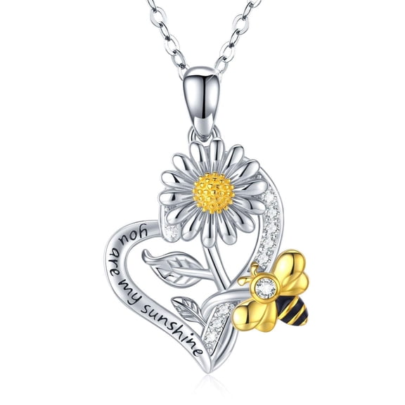 You Are My Sunshine Sunflower and Bumble Bee Heart Pendant Necklace for Women, Dainty Jewelry, Birthday or Christmas Gift
