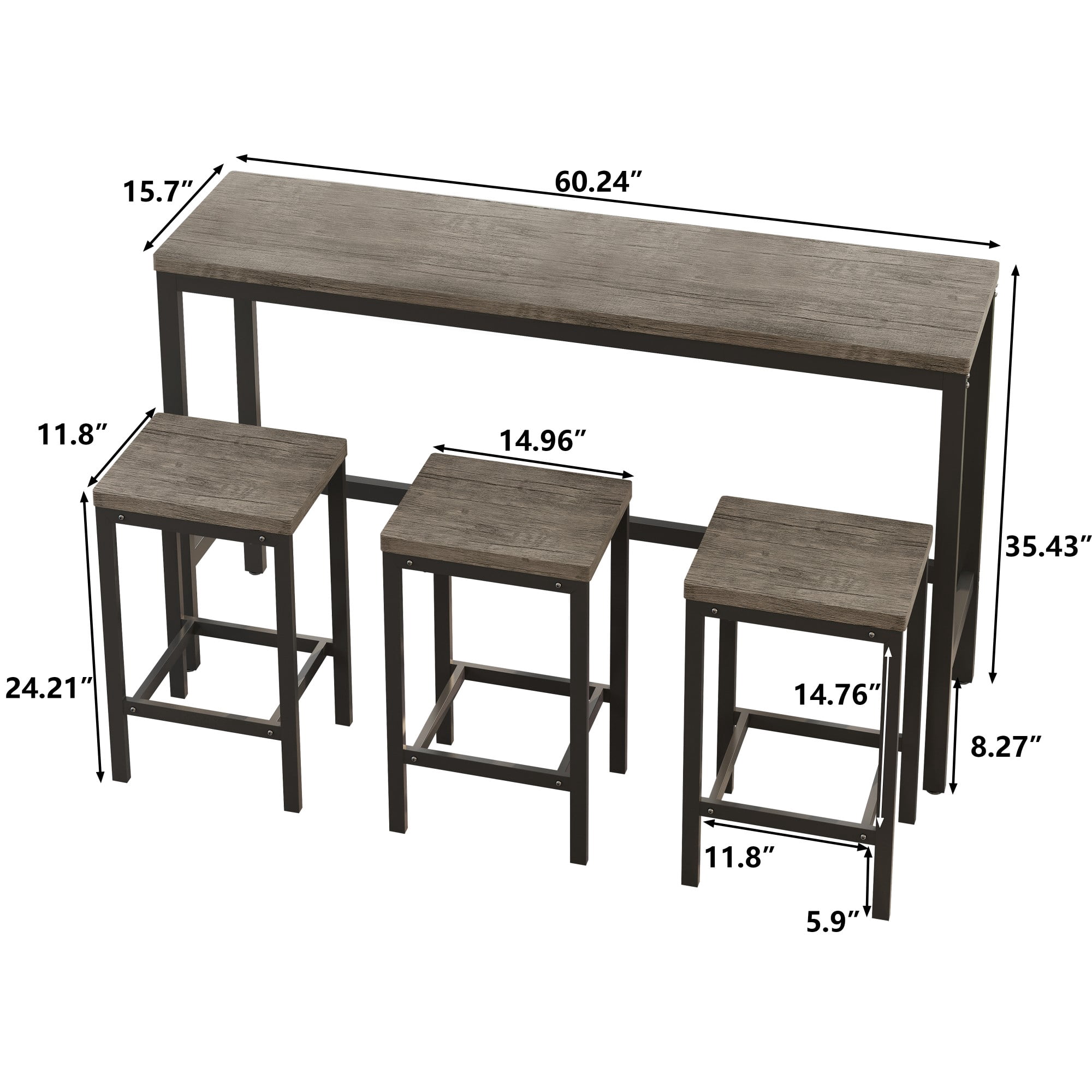 BSHTI 60.24" MDF Dining Room Table Set with Metal Frame, 3 Stools, Space-Saving Design for Kitchen Dining Room(Brown Gray)