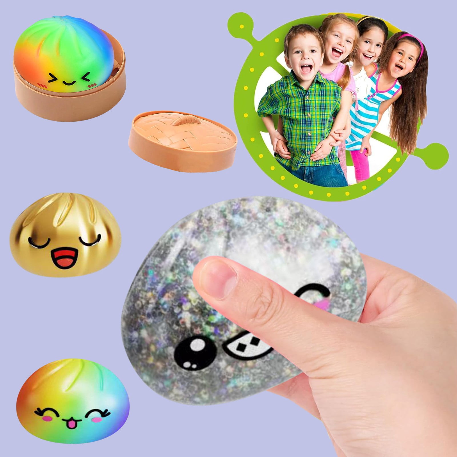 Rainbow Glitter Dumpling Squishy with Decorative Steamer, Mystery Blind Box Bao Bun,Slow-Rising Soft Polymer Stress Relief & Collectible Desktop Accessory for Adults,dumpling stress ball