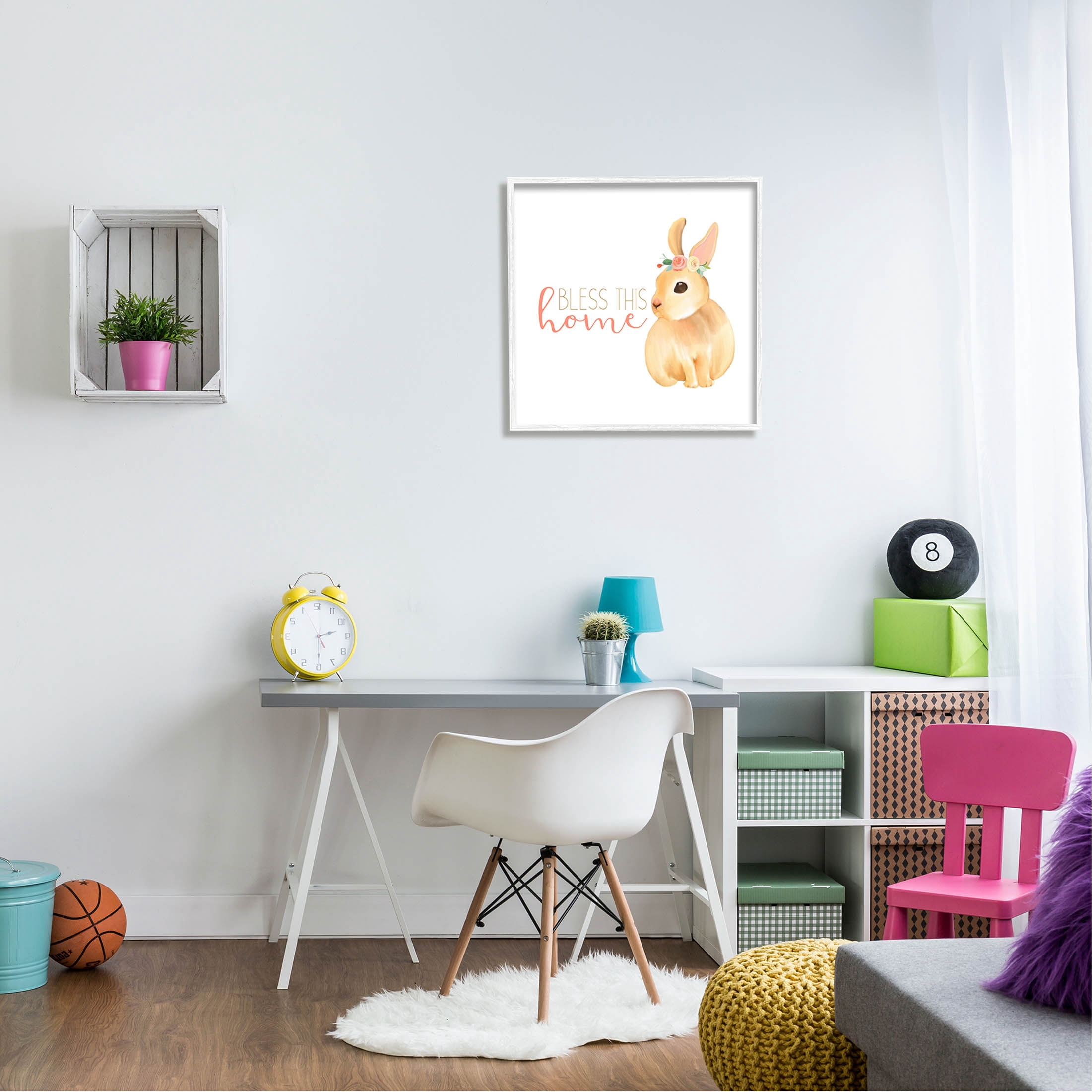 Stupell Industries Bless This Home Bunny Graphic Art White Framed Art Print Wall Art, Design by Kim Allen