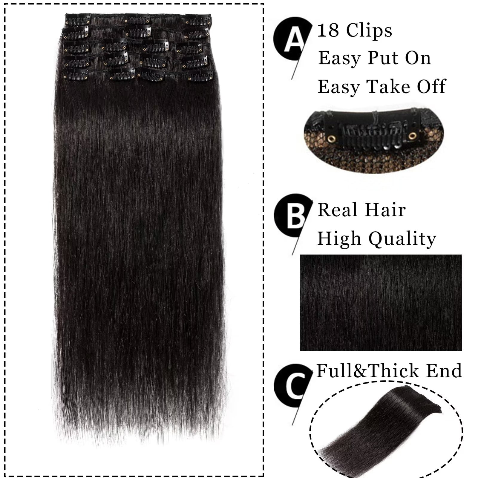 MY-LADY 8Pcs 18Clips Clip in Hair Extensions Human Hair for Women Double Weft Brazilian Remy Straight Human Hair Clip in Hairpiece 20inch #1B Natural Black