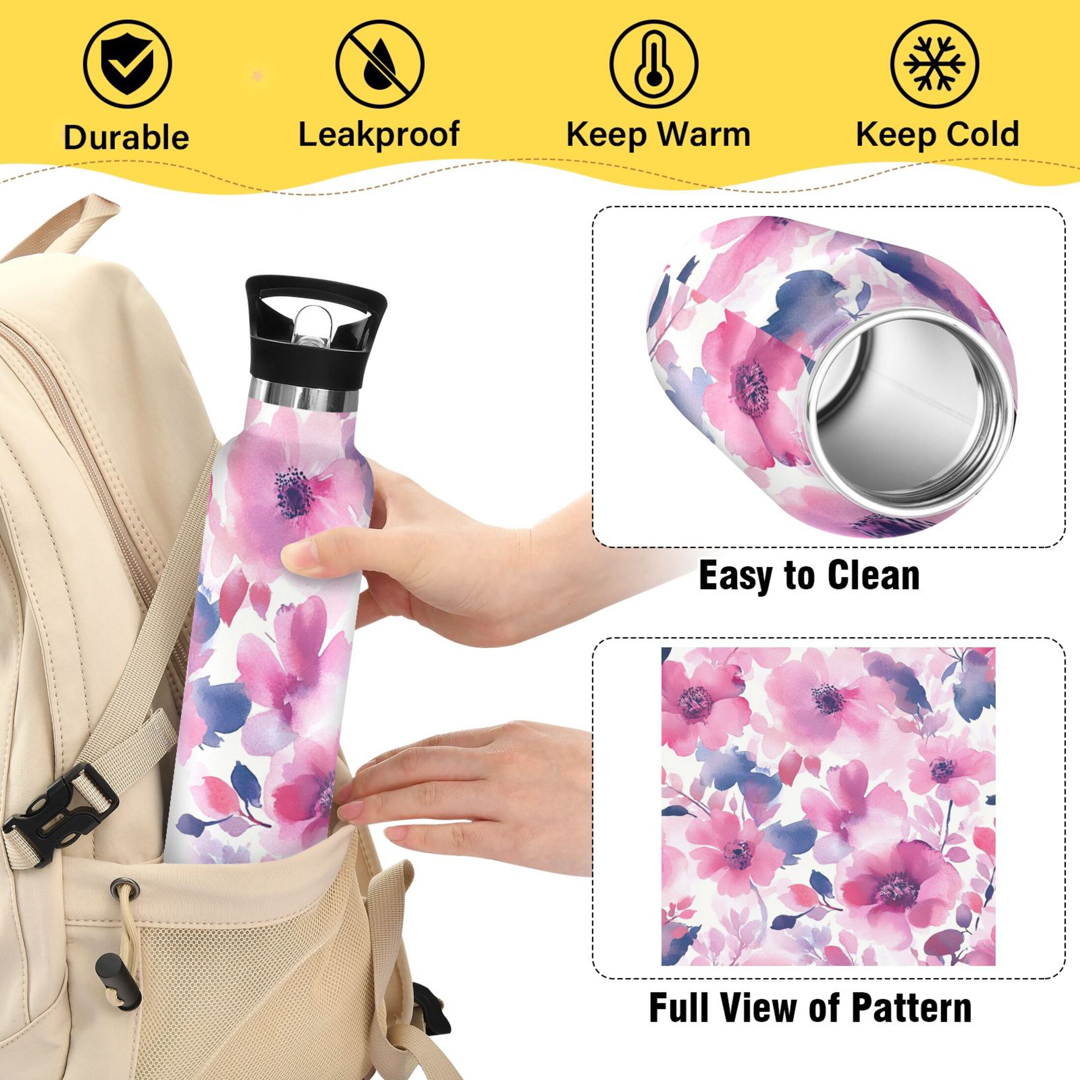 600ML Stainless Steel Insulated Cup Sports Water Bottle Portable Thermos Cup Water Glasses Insulated Tumblers Convenient and Durable Cream Flower