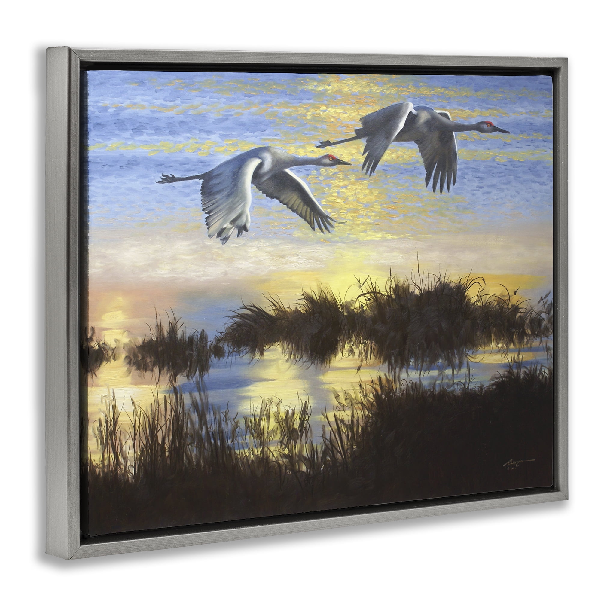 Stupell Industries Two Cranes Over Lake Landscape Painting Gray Floater Framed Canvas Art Print Wall Art, 21 x 17
