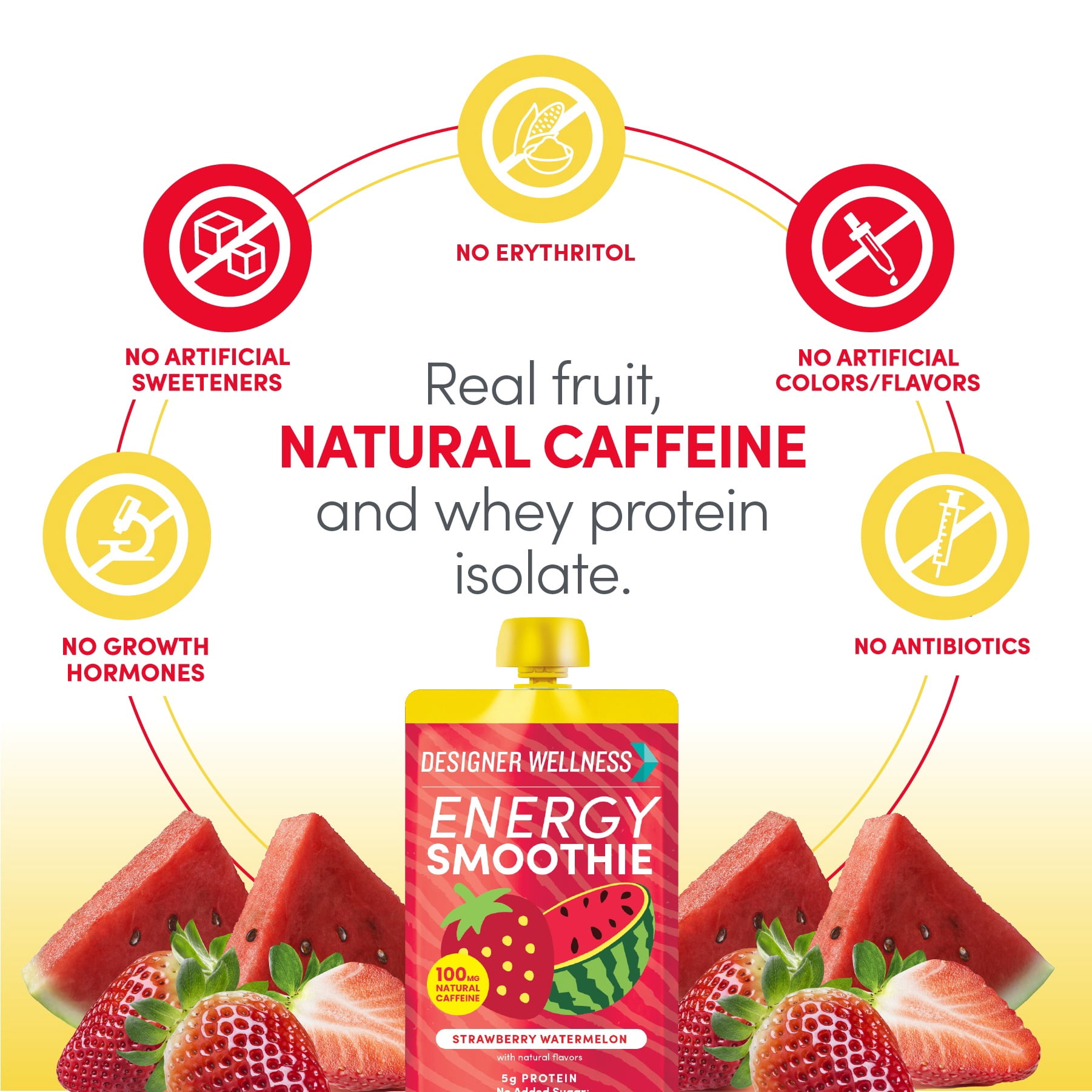 Designer Wellness Energy Smoothie, Real Fruit, 100mg Natural Caffeine, 5g Protein, Low Carb, Zero Added Sugar, Gluten-Free, Stawberry Watermelon, 12 Count