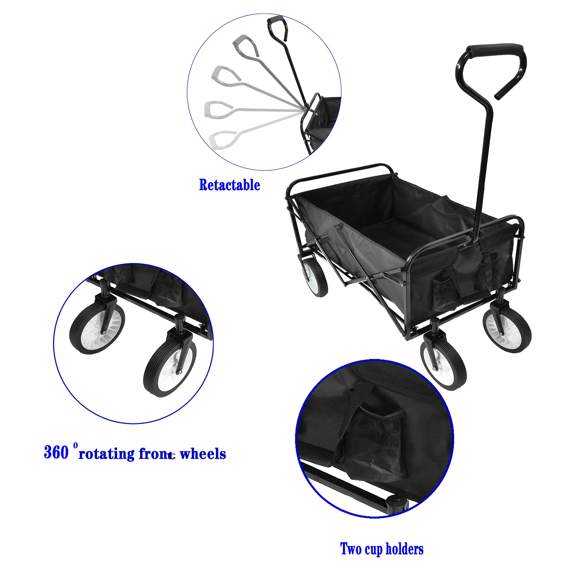 Jump Into Fun Newest Collapsible Wagon Cart for Kids with Big Wheels, Push Bar, 2 Mesh Cup Holders, 200LBS Capacity Heavy Duty Utility Foldable Wagon Garden Cart for Yard, Black