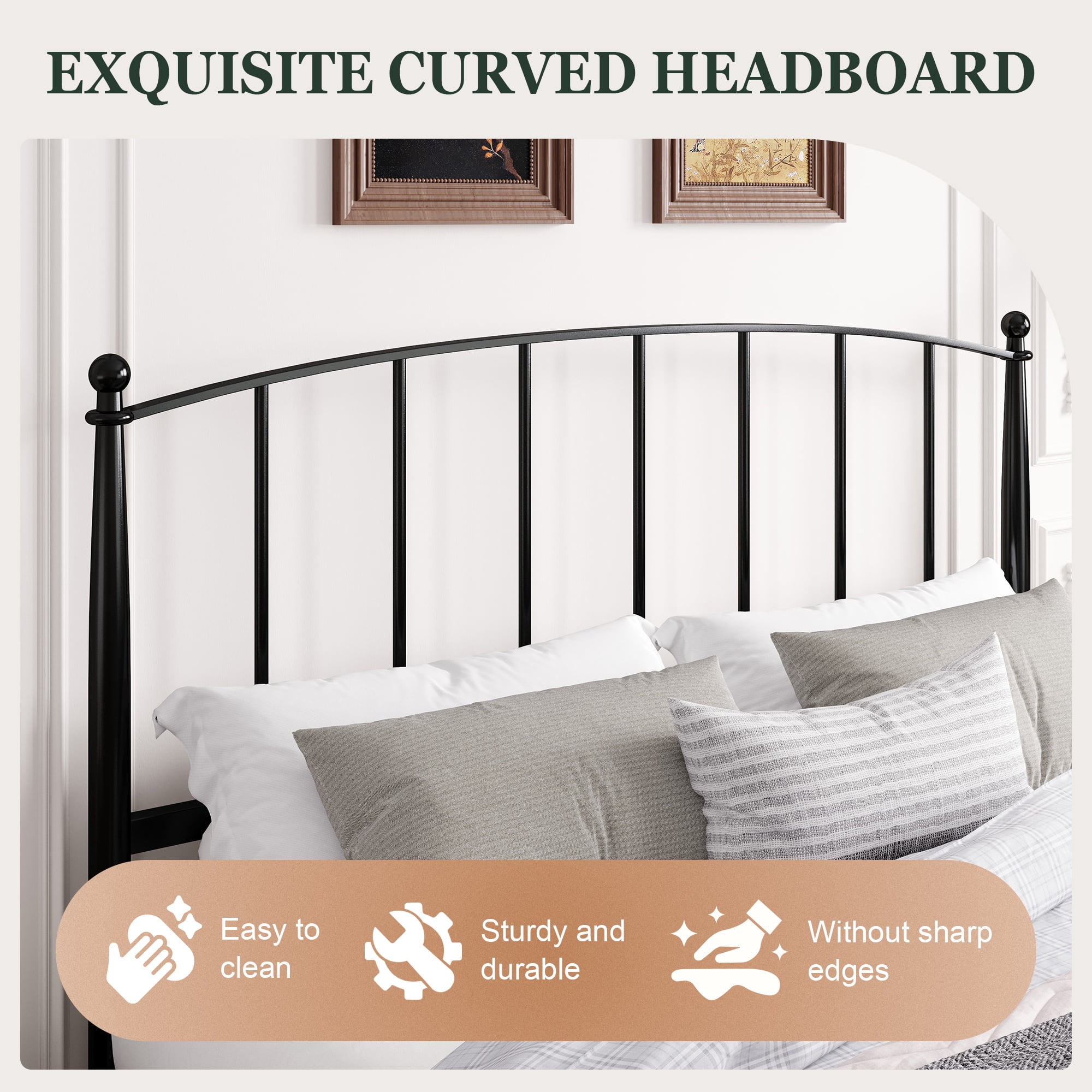 Amolife Queen Bed Frame, Metal Platform Bed with Curved Headboard and Footboard, Ample Under-Bed Storage Space, No Box Spring Needed, Black