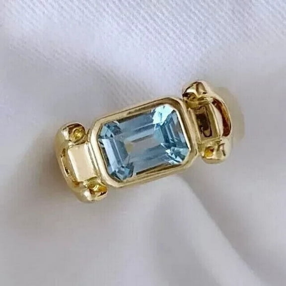 14K Yellow Gold Plated 2Ct Emerald Cut Lab Created Aquamarine Women's Ring Gift For Him Sterling Silver