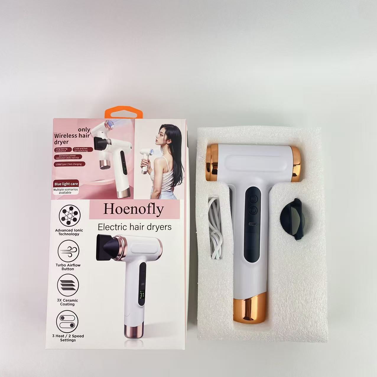 Hoenofly Electric hair dryers,Cordless Hair Dryer,15000mAh Rechargeable Hair Dryer,3 Adjustable Cold Hot Wind,200W Battery Operated Hair Dryer for Travel Camping