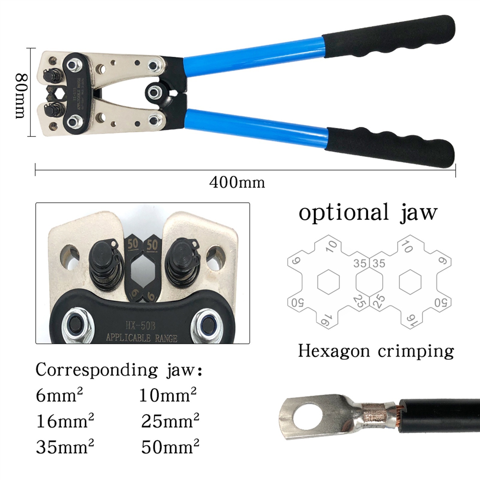 Cable Crimping Tool Kit Copper Ring Terminal Crimping Pliers HX-50B 6.0 - 50mm2 Automotive Battery Connector 60/100PCS BOX ,Built to Last