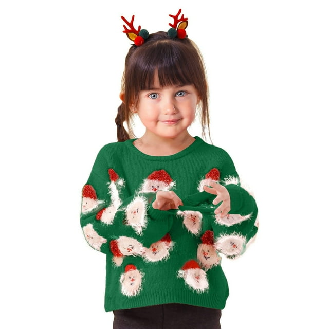 YOUSNH Chandail de Noël d'Hiver à Manches Longues et Col Rond pour Filles, Mode Décontractée, Fête de Noël, Chandail en Tricot, Hauts pour Filles, Vert, 2-3 Ans