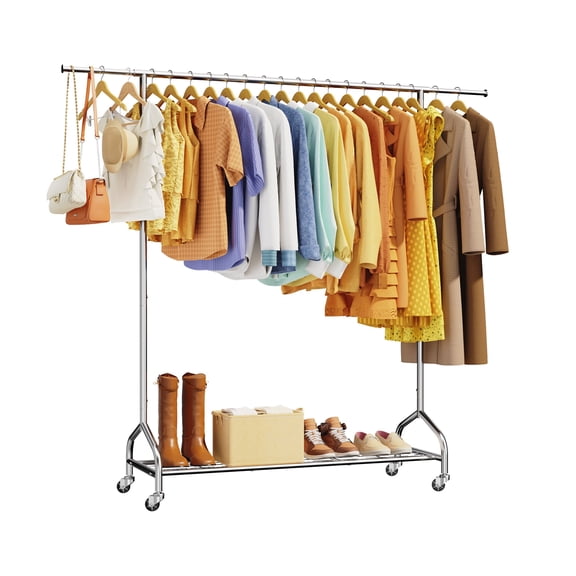 Sakugi Heavy Duty Clothes Rack - Extendable Clothing Rack for Hanging Clothes with Mesh Shelf & Wheels for Entryway, Laundry Room, 49.5–74.5" x 61.5" x 16.5", Silver