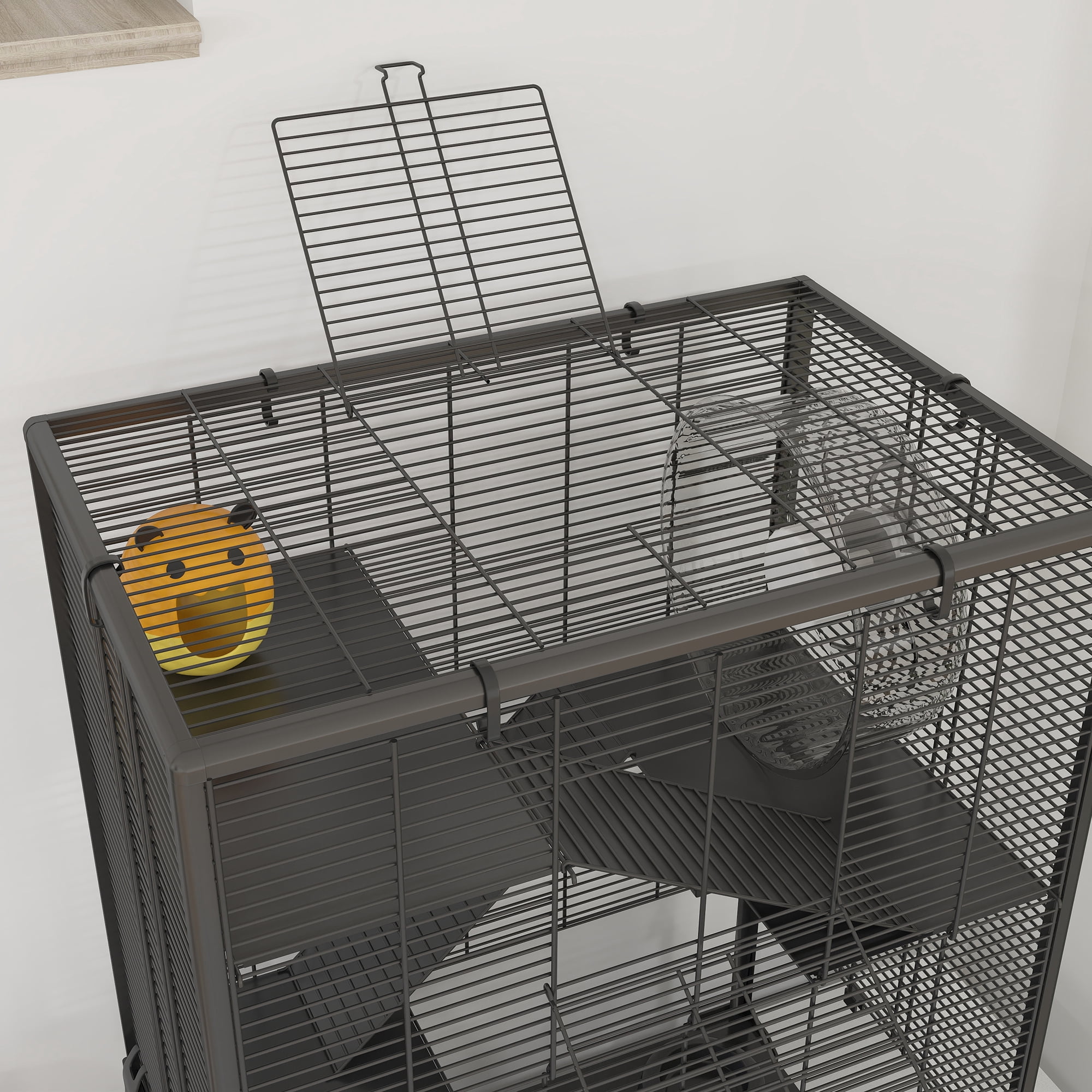PawHut Deep Glass Bottom Hamster Cage, 4 Tiers Hamster Tank with Running Wheel, Hut, Water Bottle, Food Dish, Rat Cage, Black, 24" x 16" x 31.5"