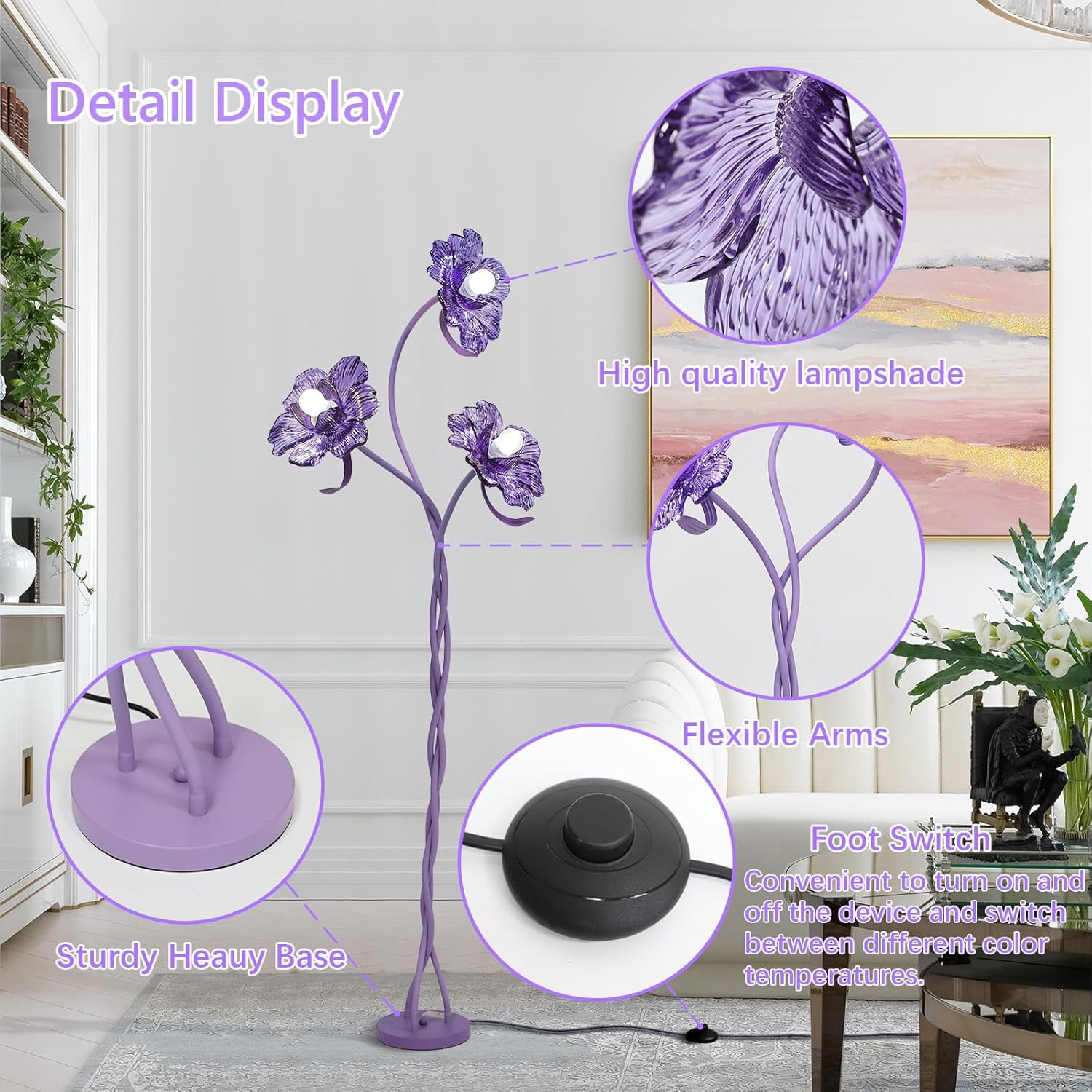 Vintage Flower Floor Lamp for Girls' Bedroom, Cute 3 Heads Floor Reading Light with Flexible Gooseneck, 3 Colors Crabapple Flower Modern Corner Standing Lamp for Living Room Office Home Decor (Purple