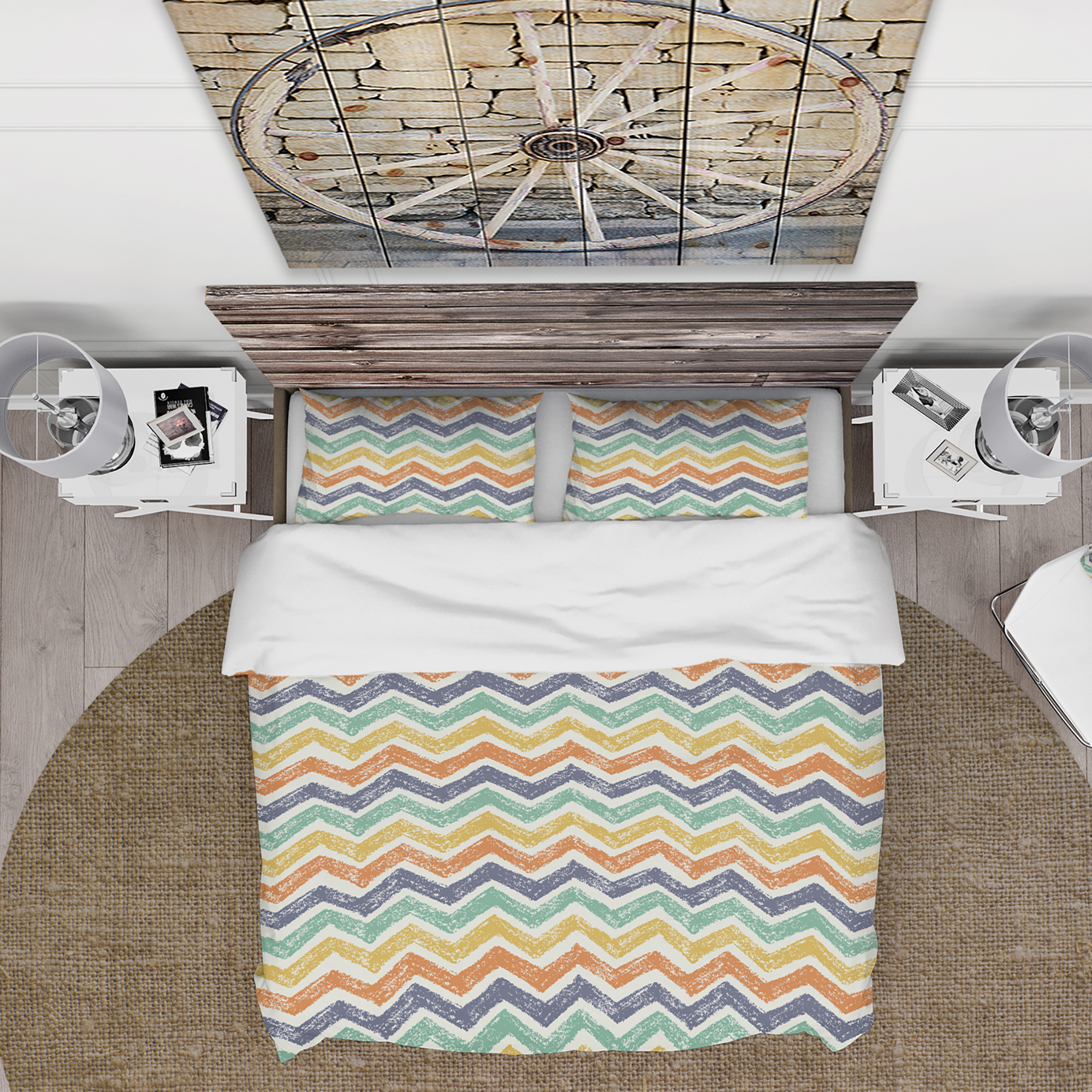 Designart 'Retro Chevron in Orange, Blue and Yellow' Vintage Duvet Cover Set