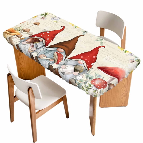 Gnomes Spring Floral Table Cloths for 4 Foot Rectangle Tables, Daisy Pastoral Flowers Watercolor Patio Waterproof Elastic Fitted Tablecloths, Washable Rectangular Table Cover for Camping