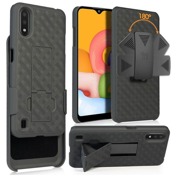 Case with Clip for Galaxy A01, Nakedcellphone [Black Tread] Kickstand Cover with [Rotating/Ratchet] Belt Hip Holster Holder Combo for Samsung Galaxy A01