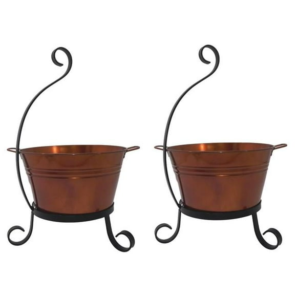 7065E GC S-2 Enameled Galvanized Steel Planter with Iron Stand - Set of 2