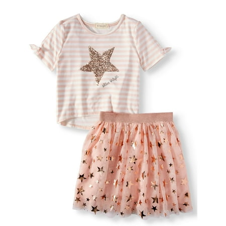 - Sequin Stripe Cold Shoulder Top and Foil Tutu Skirt, 2-Piece Outfit Set (Big Girls)