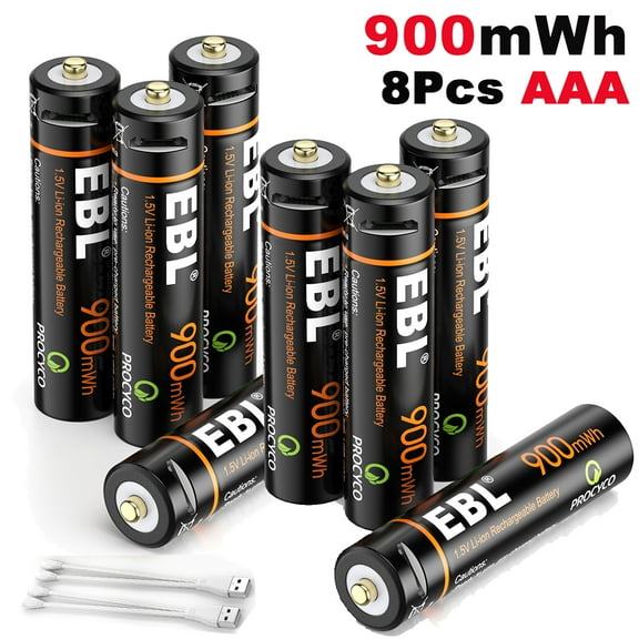 EBL 8 Pack USB Rechargeable AAA Lithium-Ion Batteries 1.5V AAA Battery 900mWh with 2 in 1 Charging Cable