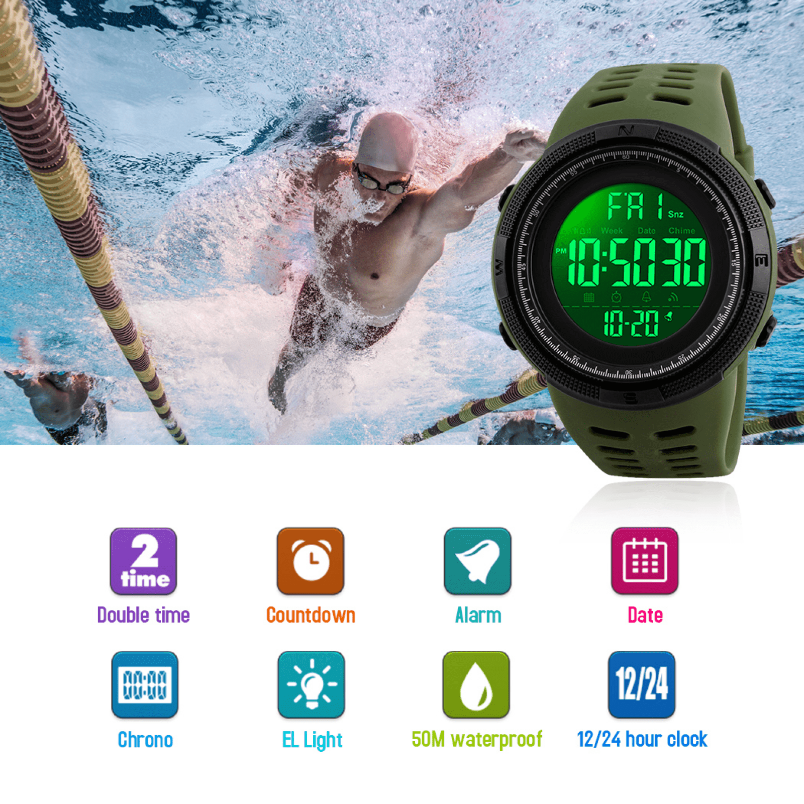 SKMEI Men's Watch Waterproof Digital Sport Watch  Military Digital Watches for men Alarm Back Light Classic Large Face Watch Army Green