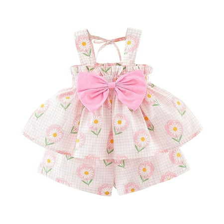 

AOMPMSDX Summer Dresses For Gilrs Toddler Baby Shorts Two Piece Set Suspender Ruffled Bow Design Summer For Vacation Daily Dresses