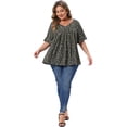 thumbnail image 3 of DARING DIVA Women's Plus Tops V Neck Flared Sleeve Ditsy Floral Pleated Blouses 1X Black, 3 of 6
