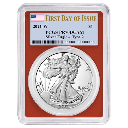 2021-W $1 1-oz T-2 Proof American Silver Eagle PCGS PR70DCAM FDOI Flag Label Red Frame