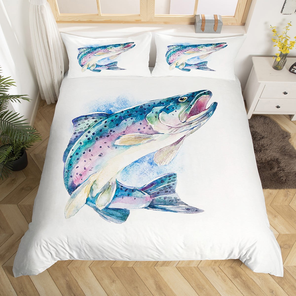Cute Bass Fish Comforter Cover Sea Animal Bed Sets for Kids, Watercolor