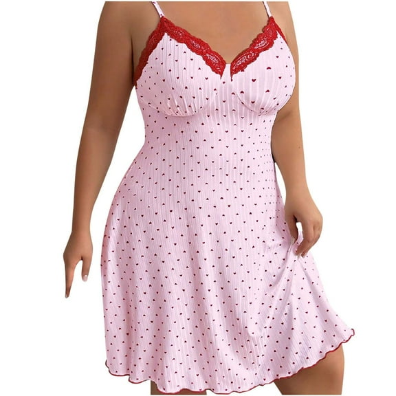 Women's Plus Size Chemise Pajamas Dress, Lace V-Neck Sleeveless Printed Nightgown Ribbed Mini Nightshirt Lightweight Cotton Nightgowns XL