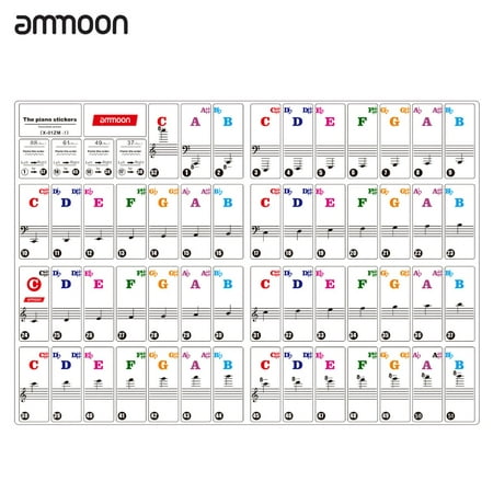 ammoon Colored Piano Keyboard Stickers for 37/ 49/ 61/ 88 Key Keyboards Removable Transparent for Kids Beginners Piano Practice