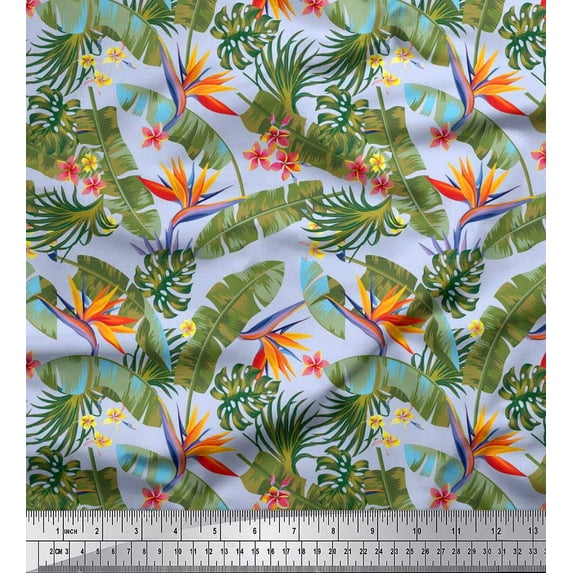 Soimoi Poly Georgette Fabric Tropical Leaves,Plumeria & Heliconia Floral Print Fabric by The Yard 42 Inch Wide
