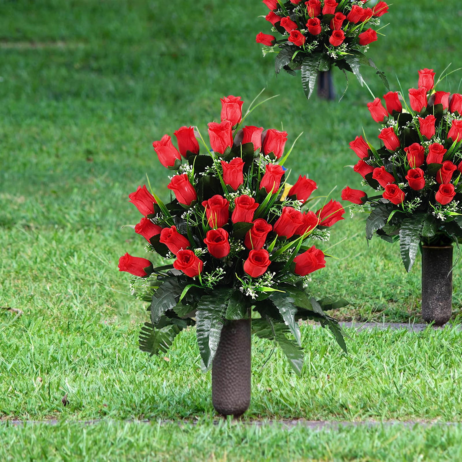 6PCS Artificial Cemetery Flowers - Outdoor Grave Decorations with Rose Bouquets,Saddle Flowers for Headstones - Beautiful Sympathy Arrangements with Vase for Lasting Memorial Decor