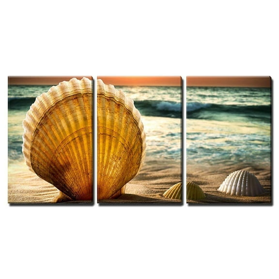 wall26 - 3 Piece Canvas Wall Art - Sea Shells in The Sand, a Sunset. - Modern Home Art Stretched and Framed Ready to Hang - 24"x36"x3 Panels