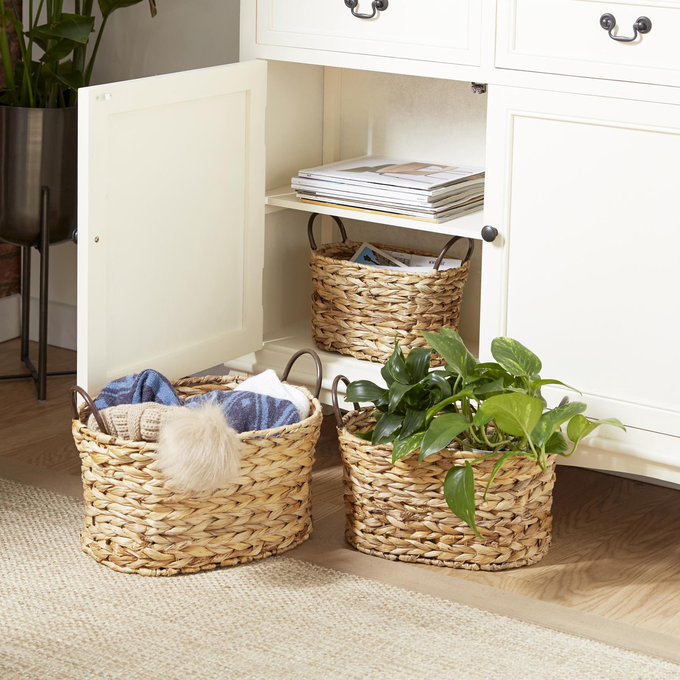 DecMode 16", 13", 11"W Brown Metal Handmade Storage Basket with Metal Handles, 3-Pieces
