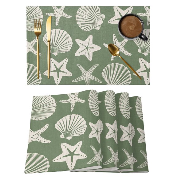 Sage Green Coastal Placemats Set of 12 Starfish Shell Ocean Nautical Heat Insulation Washable Place Mats, Non-Slip Table Mats for Dining Table Party Kitchen Decor, 13x19 Inch