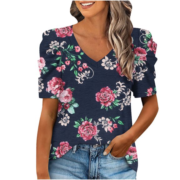 ZVAVZ T Shirts for Women Loose Fit, Women's Cute Summer Tunic Short Sleeve Tees Shirts Puff Sleeve Plus Size Tops