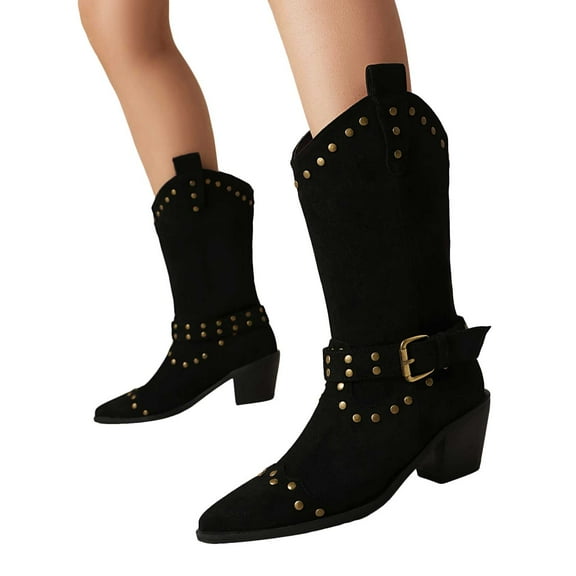 Mostsola Studded Cowboy Boots for Women Pointed Toe Suede Pull on Cowgirl Boots Mid Calf Booties