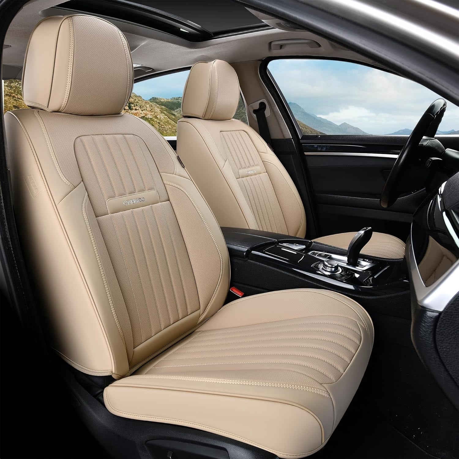 Coverado Car Seat Covers Full Set, Beige Front and Rear Seat Protectors, Waterproof Faux Leather Universal Fit for Most Cars