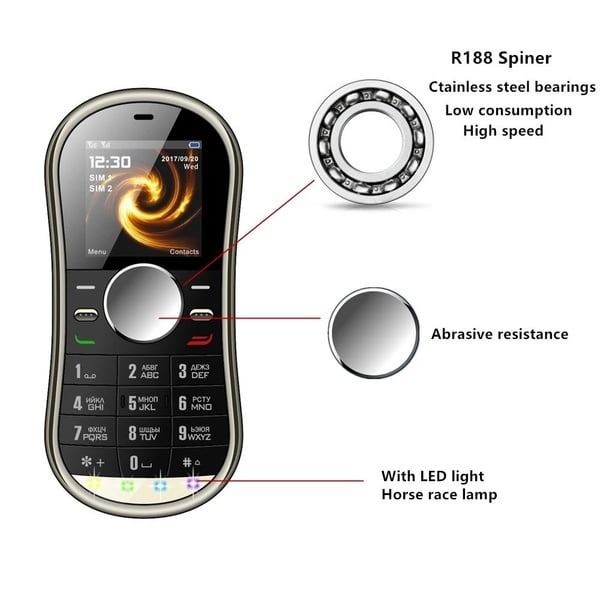 Mini teléfono móvil creativo Wobythan con tarjeta dual Fidget Spinner negro