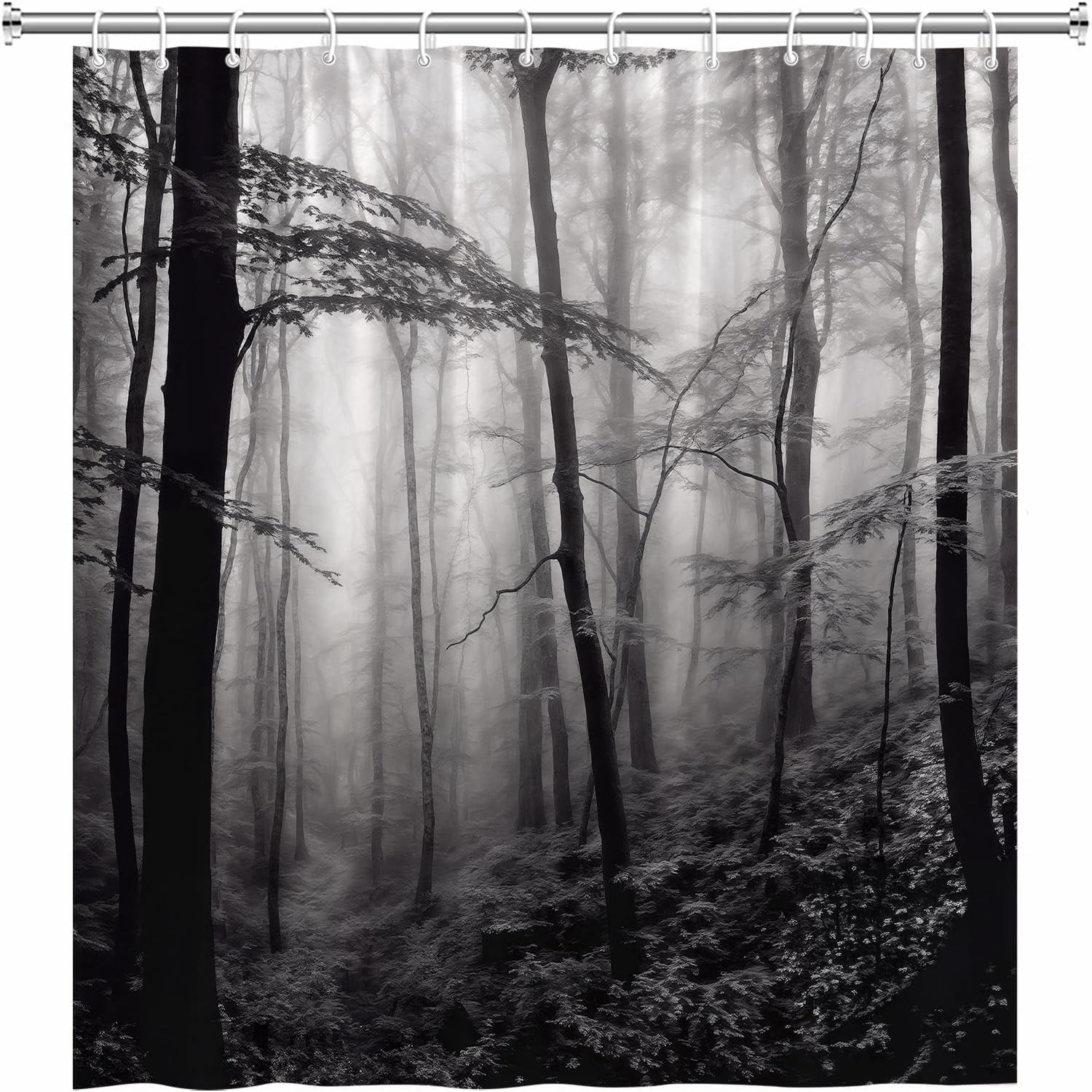 Misty Forest Shower Curtain Black White Foggy Nature Landscape Grey Fantasy Fog Tree Rustic Farmhouse Outdoor Bath Curtains with Hooks 70Wx70H Inch