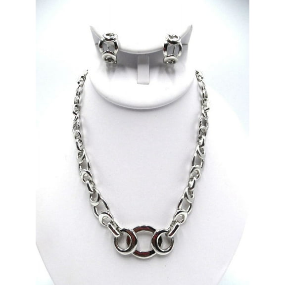 Pierced silver graduated link chain necklace and earring set
