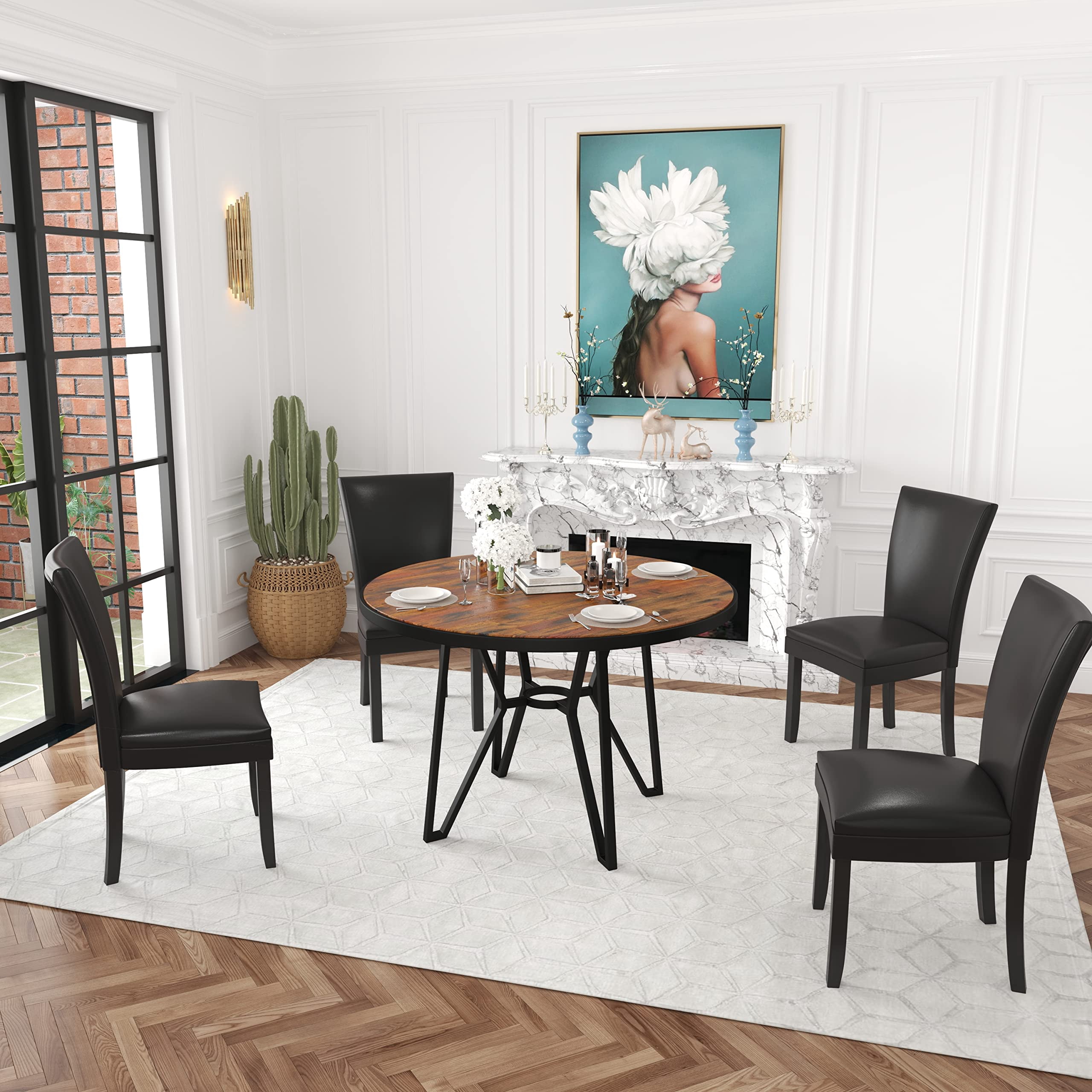 JESONVID Faux Leather and Solid Wood Dining Chairs, Black (Set of 4)
