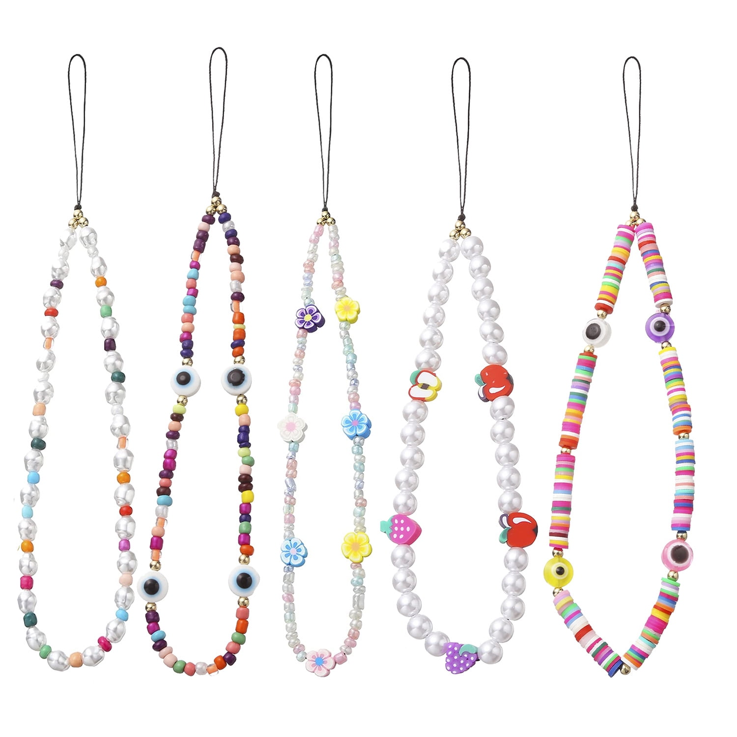 Fruit Star Pearl Rainbow Color Smiley Face Charm Beaded Phone Chain Strap for Women Girl Size : 5PCS Wrist Lanyard Hand Strap Beaded Phone Wrist Rope Bracelet String for Cell Phone 