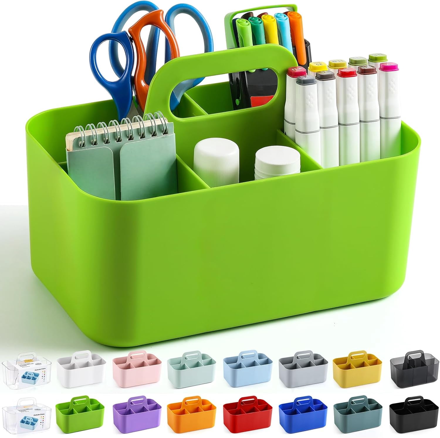 Ahot Multiuse Caddy Organizer with Handle - Stackable Plastic Tote Bin - Art Craft Supplies, Office, Desk, Stationery Pen Holder, Kitchen, Utensil, Makeup, Bathroom, Shower, Cleaning-Green