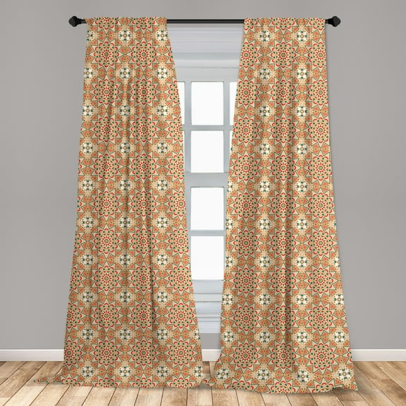 Ethnic Curtains 2 Panels Set, Ornamental Classic Pattern with Flower Blooms Circles and Squares Arrangement, Window Drapes for Living Room Bedroom, 56"W X 95"L, Multicolor, by Ambesonne