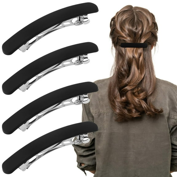 4Pcs Black Matte Barrettes for Women,Flat Hair Clips for Thin Fine Hair French