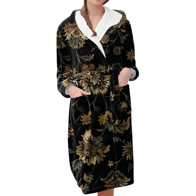 Jindong Plush Robes for Women Women's Fleece Plush Robe Long Warm Plush Bathrobe Loungewear Jacket Printed Comfort Robe Womens Robes